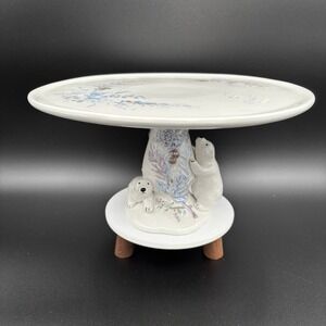 Pfaltzgraff Winter Frost Polar Bear Vintage Pedestal Cake Plate Blue Silver